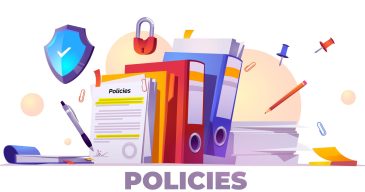 Policies banner. Concept of business documents for law compliance, legal regulation quality and procedures. Vector landing page of guideline, rules and agreement with cartoon paperwork illustration