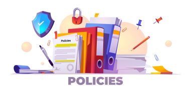 3232 Policies banner. Concept of business documents for law compliance, legal regulation quality and procedures. Vector landing page of guideline, rules and agreement with cartoon paperwork illustration